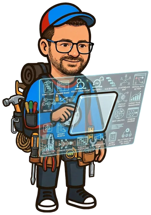 Schaubi, die Cartoon-Figur von Sven, mit Werkzeuggürtel und Tablet